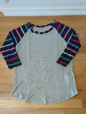 Sweet Claire Gray Tee with Multicolor Stripe Sleeves